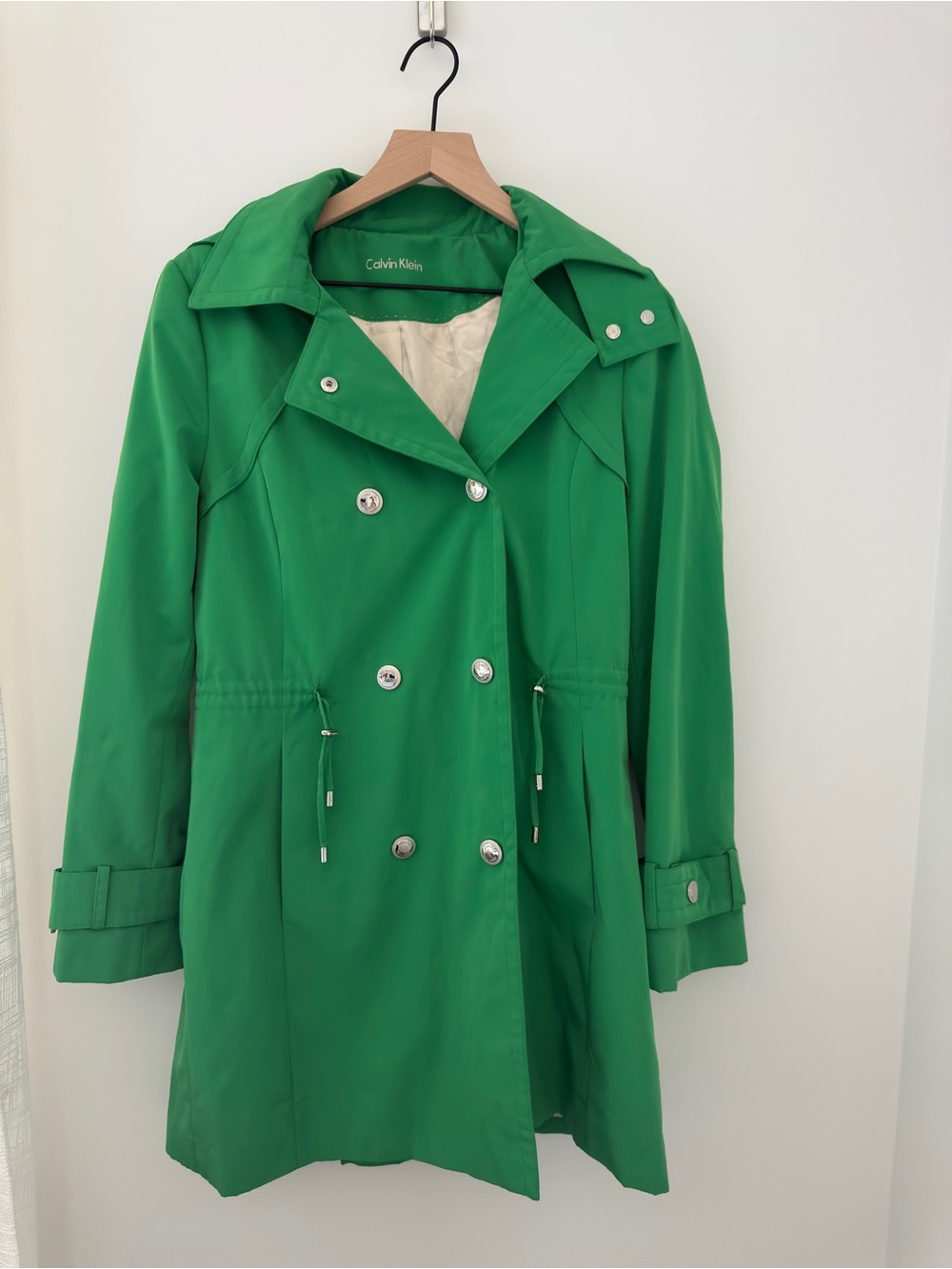 Calvin Klein Kelly Green Hooded Double Breasted Trench Coat Sz Medium